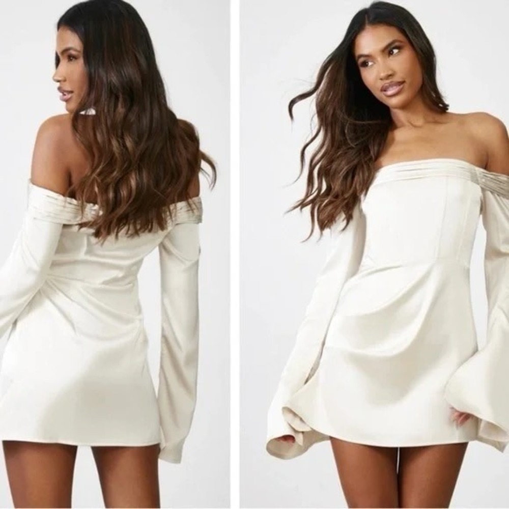 PrettyLittleThing Satin Off Shoulder‎ Mini Dress Corset Bodycon Cream